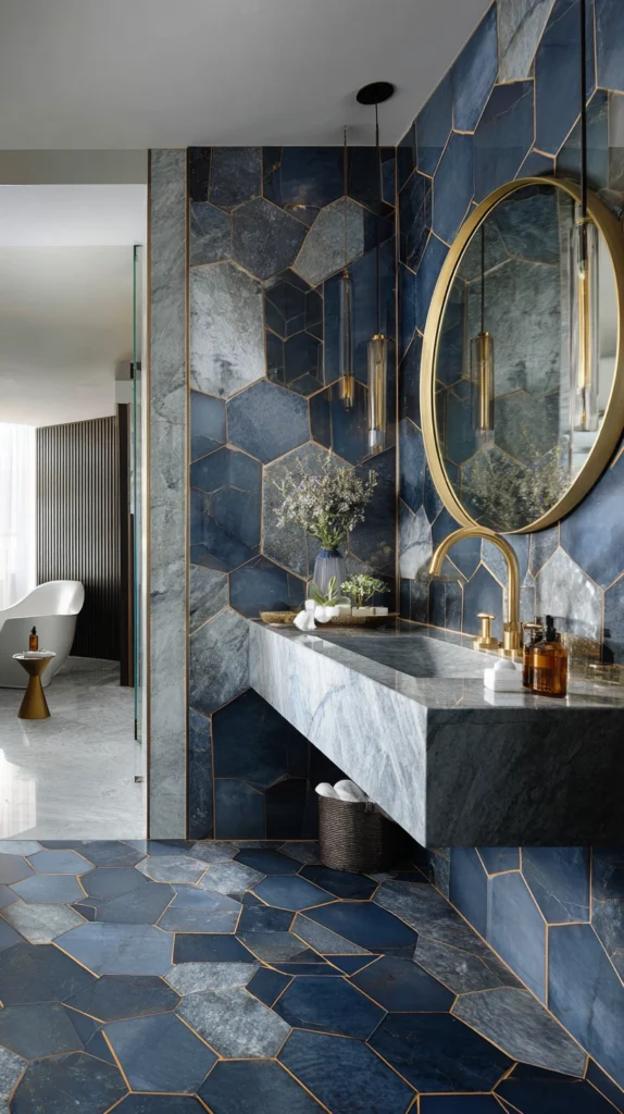 15 Stunning Navy Tile Bathroom Ideas with Marble and Gold Accents 3 rd 2