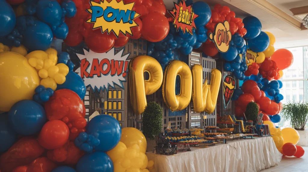 15 Superhero Birthday Party Ideas for Little Heroes 1 zainy A bold superhero birthday party scene styled as a cinem 96b70f92 b33e 4220 811b e2bd044f5293 0
