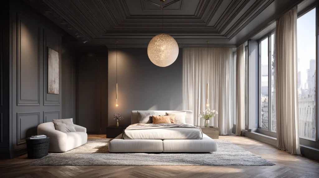 7 Bedroom Ceiling Ideas for a Dramatic Overhead Look 1 zainy Feature Image A luxurious modern bedroom featuring a dr 59acbd76 282c 44db 97b0 03176c9af2eb 2