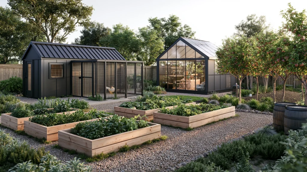 13 Backyard Farm Ideas We're Obsessed With 1 zainy A modern suburban backyard farm with neatly arranged ce e325d95e 7618 4d44 840c 1ff8ddcc5191 0