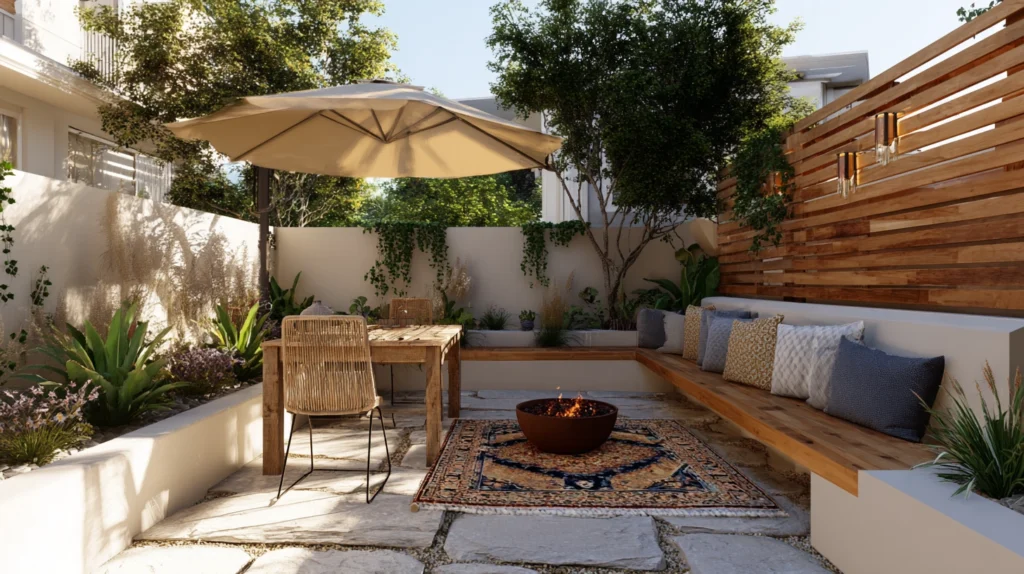 14 Stunning Small Backyard Patio Designs Ideas You'll Love 1 zainy A stylish modern small backyard patio with a sleek bist f340bb57 84d6 45b0 99cd caaa21ba543a 1